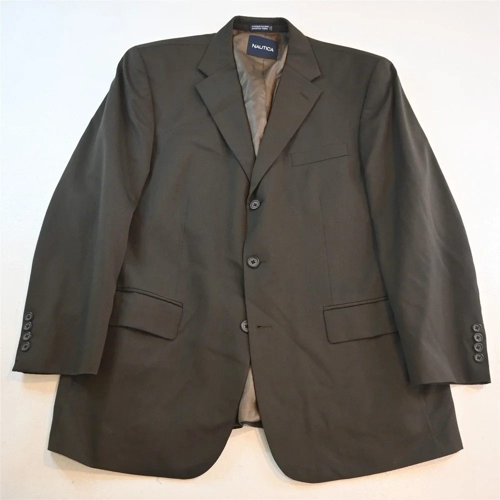 Vtg Y2K Boxy 2000s 44R 36x30 Dark Green‎ 100% Wool Mens Jacket Pants Suit